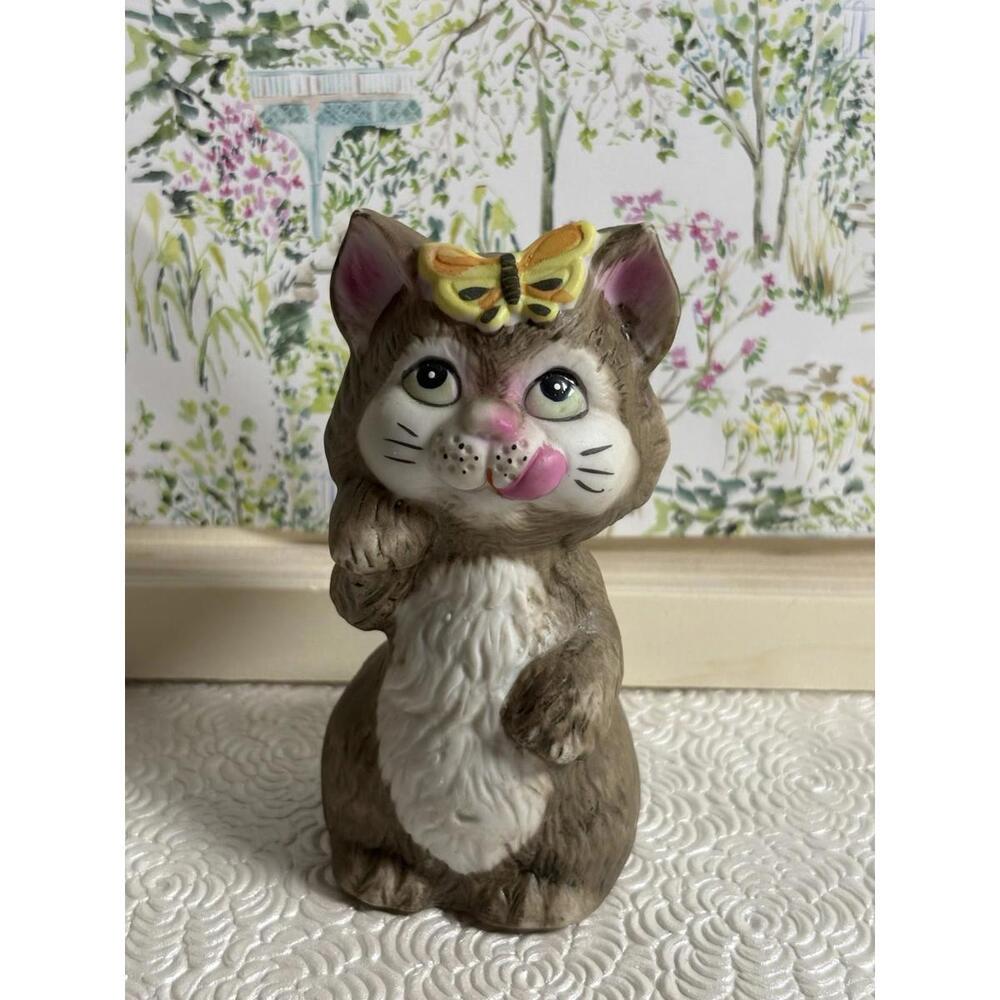 Vintage Jasco Cat Bell – Ceramic‎ Kitten with Butterfly Figurine – Taiwan 1980s